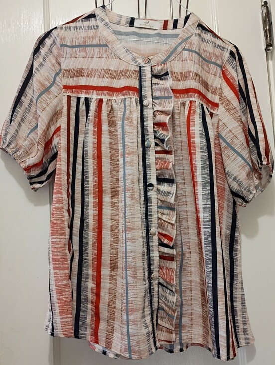 Posh Boutique Tops - Posh Boutique Striped Button Front Smock Style Top; Red, Navy Blue, Rust & Cream